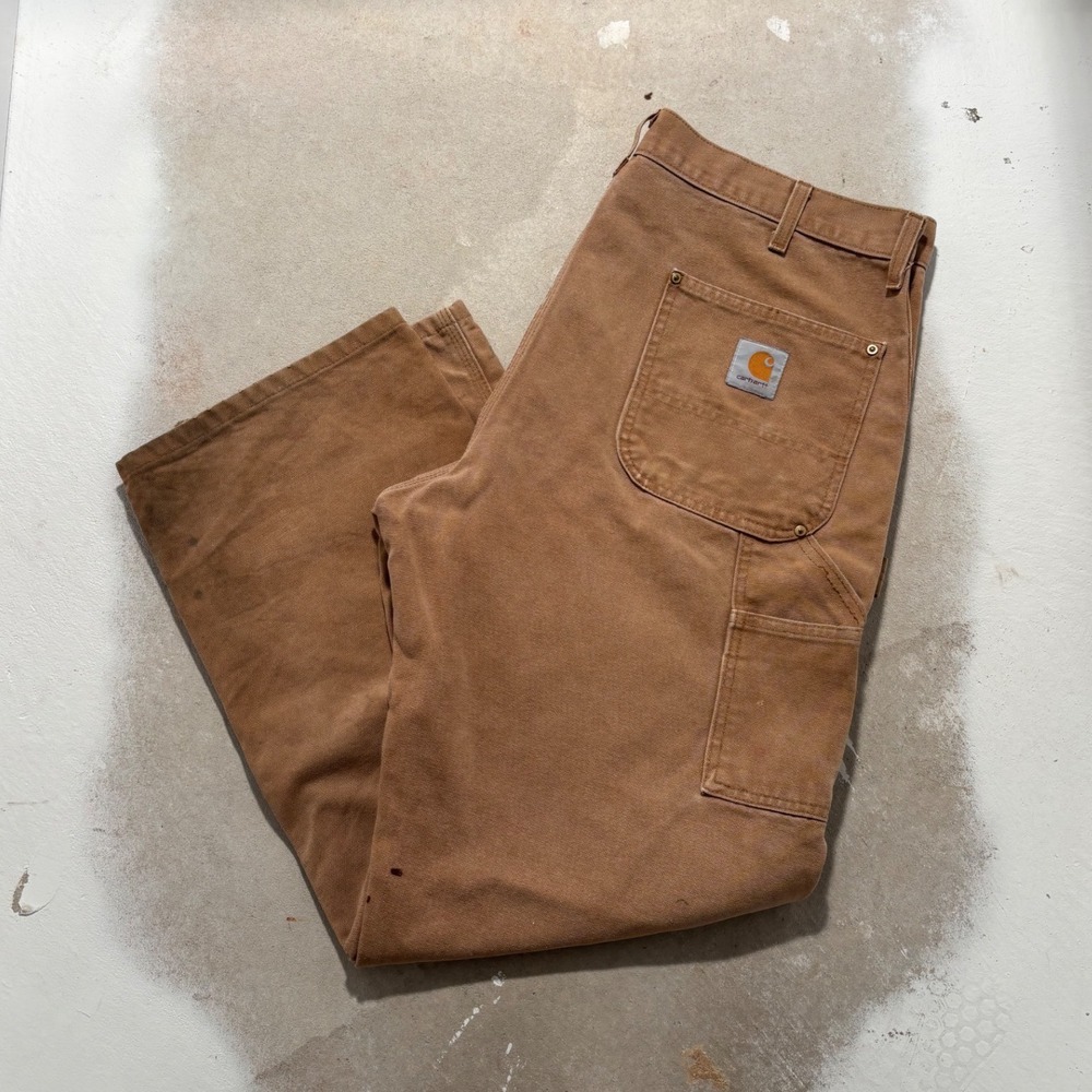 Carhartt Mens Brown Duck Canvas Loose Fit Carpenter Pants Distressed 36x32